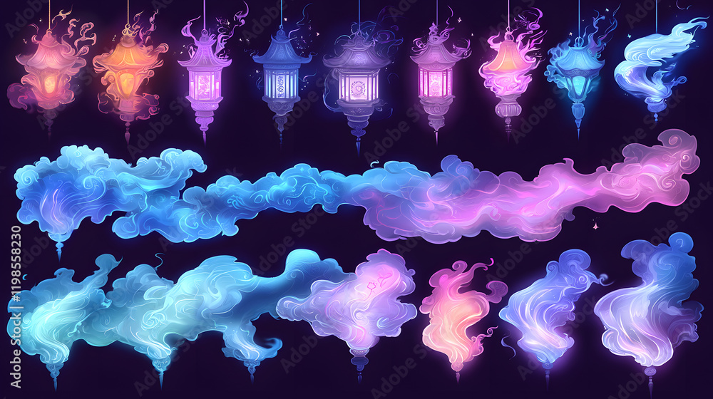 Poster mystical lanterns and colorful clouds fantasy realm digital art enchanting atmosphere close-up view 