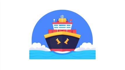 Cargo ship arrival ocean waters digital illustration bright environment front view transportation concept