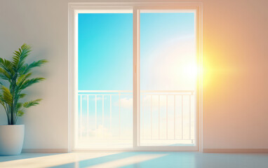Fototapeta premium bright and airy modern living space featuring large glass door opening to sunlit balcony with ocean views. potted plant adds touch of nature to serene atmosphere