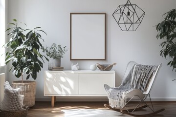 Modern minimalist interior white rocking chair blank frame on wall geometric hanging lamp