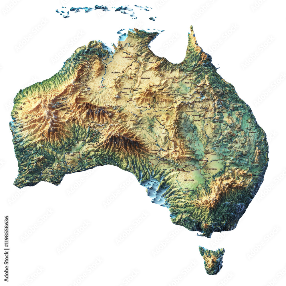 Poster a detailed three-dimensional topographic map of australia highlights its diverse terrain and major c