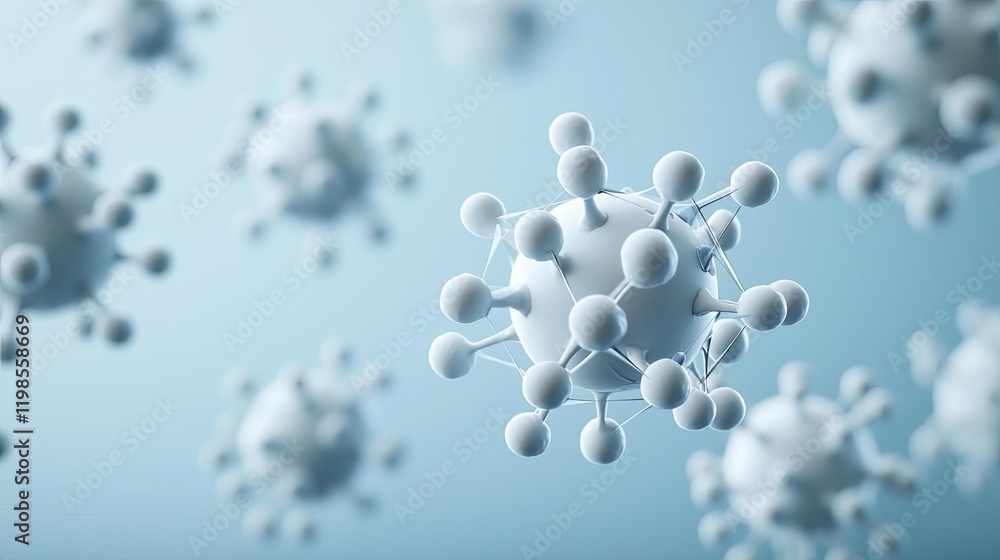 Poster dust pollution concept. 3d illustration of virus particles in a microscopic view on a blue backgroun