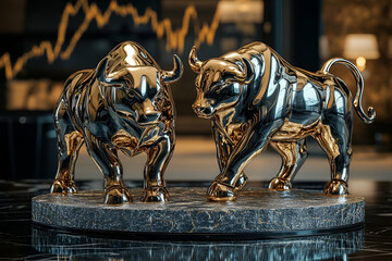 Fototapeta premium Gold bulls facing, stock market chart background