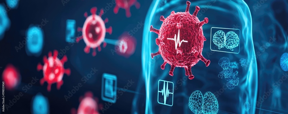 Poster dust pollution idea. visual representation of viruses affecting human health with digital elements.