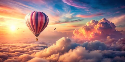 Fototapeta premium Dreamy Pink Hot Air Balloon Soaring Through Pastel Sky - Double Exposure Stock Photo