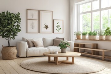 Modern minimalist living room neutral tones large corner sofa soft lighting potted plant round coffee table