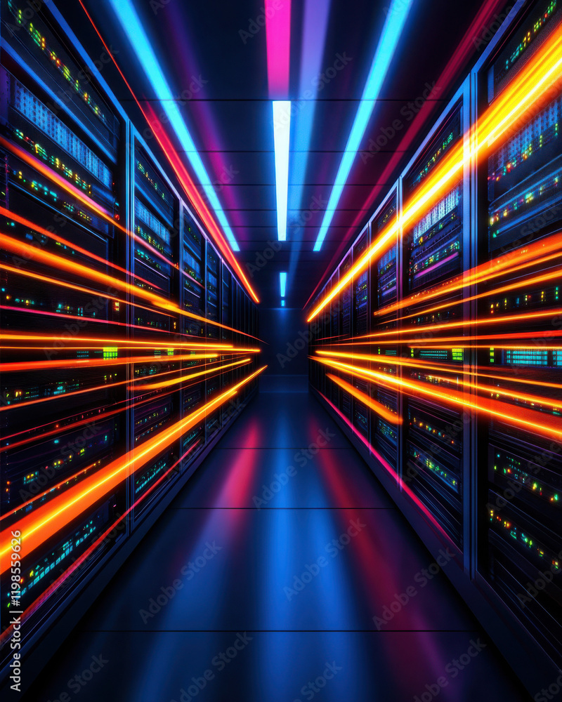 Poster vibrant data center with illuminated server racks and motion blur.