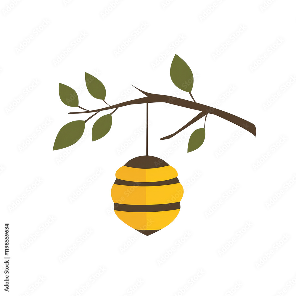 Poster a stylized illustration depicts a beehive hanging from a tree branch with leaves.