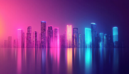 Obraz premium Vibrant city skyline with neon lights reflecting on water surface.