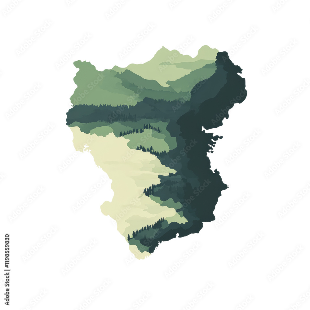 Poster An abstract image depicting a mountainous region using color gradients to illustrate the landscape within a defined geographical outline.