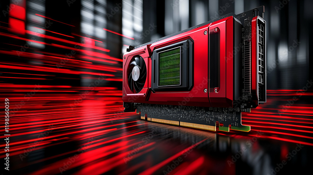 Poster red gpu, fast data streams, tech background