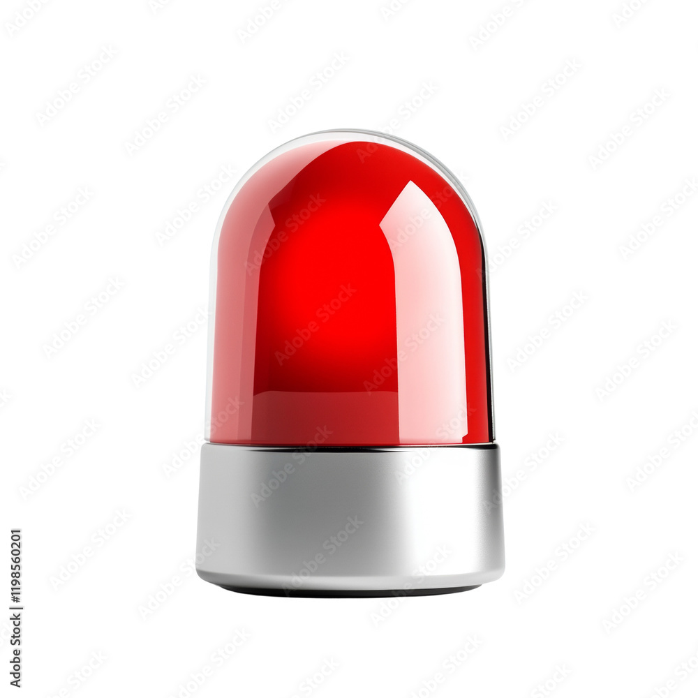 Poster a single red emergency beacon light is shown against a white background. the light is illuminated.