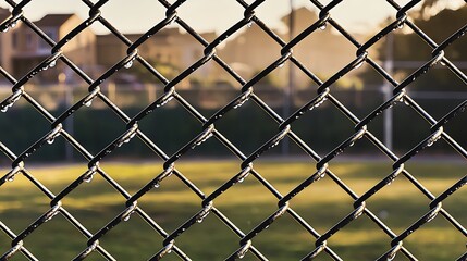 Fototapeta premium A close-up of a chain-link fence with dew on the metal links, the yard lush with green grass, the distant neighborhood softened by warm afternoon light, evoking a feeling of peaceful but defined