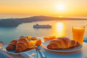 Romantic sunset breakfast with croissants, orange juice, and fruit overlooking the ocean.