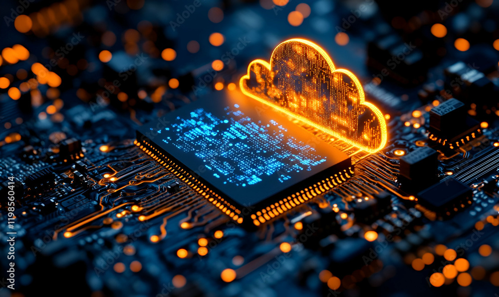 Poster glowing cloud computing chip, circuit board, data