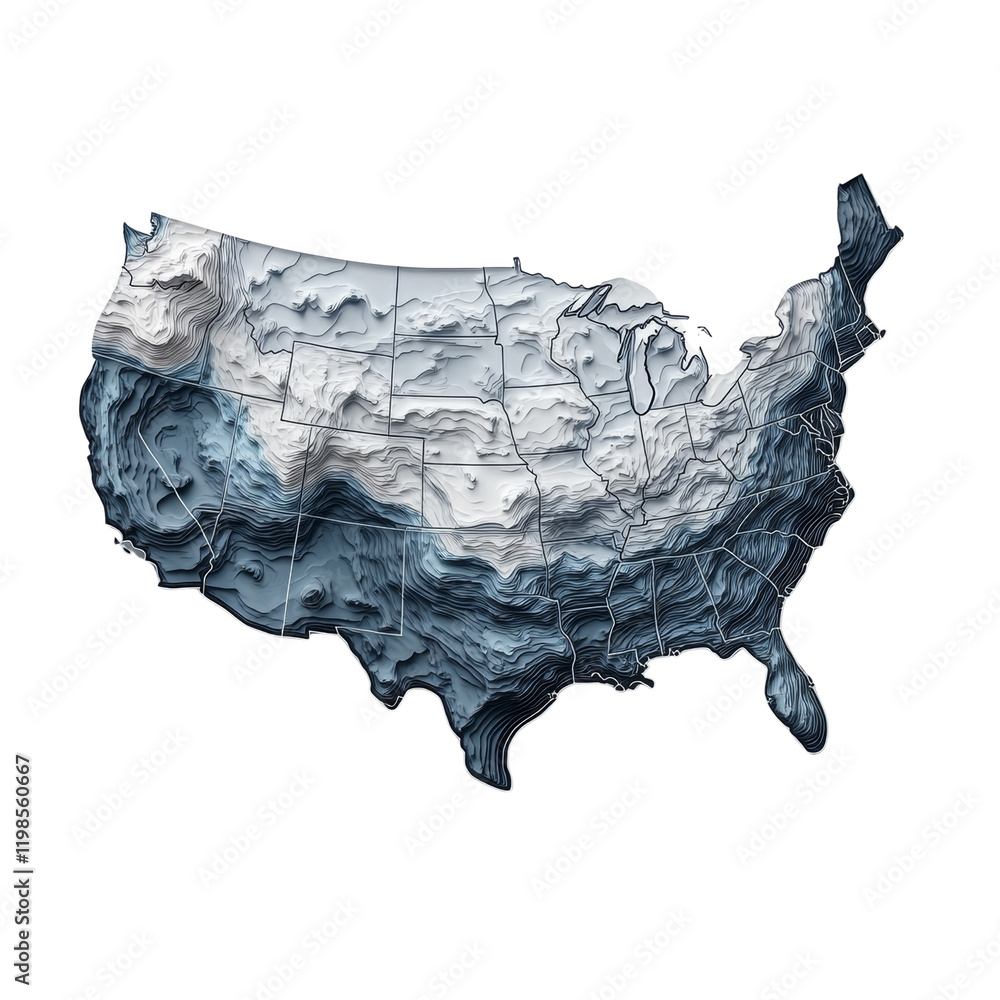 Poster a three dimensional grayscale topographic map showcasing the united states elevation and geographica