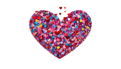 A dazzling display of heart-shaped confetti filling the sky, with fireworks exploding into heart shapes and colorful bursts, creating a joyous celebration of love, on a white transparent background PN
