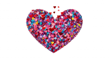 A dazzling display of heart-shaped confetti filling the sky, with fireworks exploding into heart shapes and colorful bursts, creating a joyous celebration of love, on a white transparent background PN