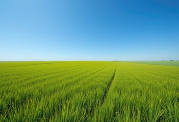Expansive field of vibrant green wheat under a clear blue sky.