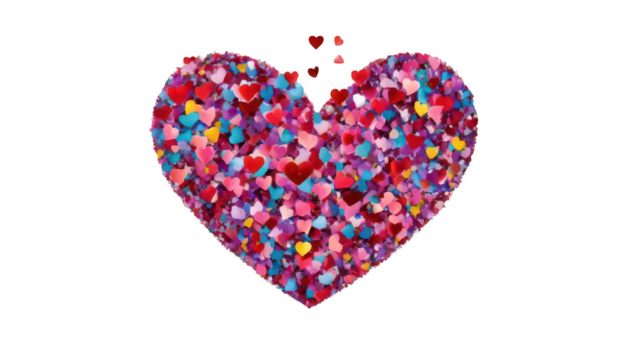 A dazzling display of heart-shaped confetti filling the sky, with fireworks exploding into heart shapes and colorful bursts, creating a joyous celebration of love, on a white transparent background PN