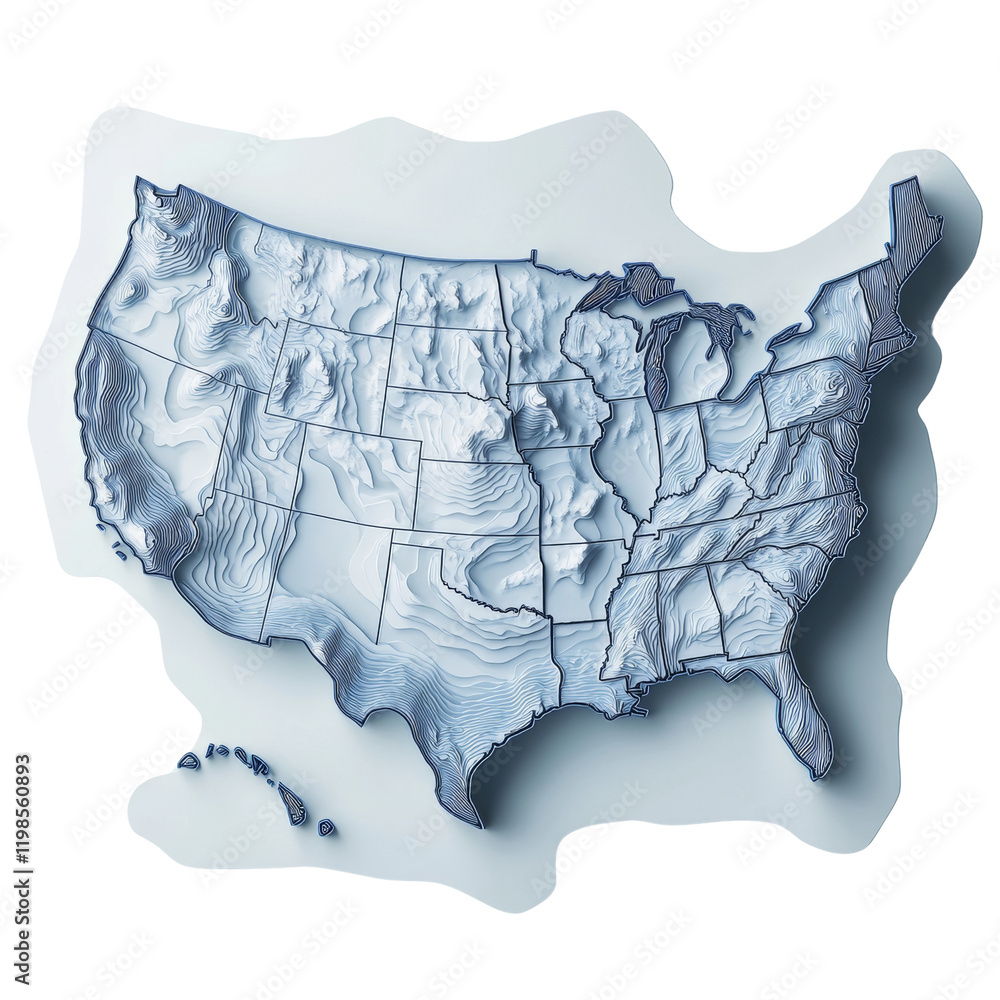 Poster a three dimensional topographic map showcases the united states' physical features and state boundar