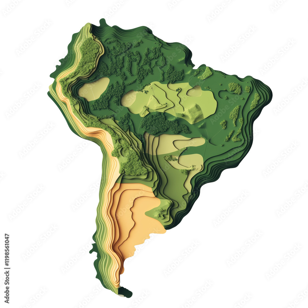 Poster a stylized three dimensional relief map showcasing south americas diverse topography with layered co
