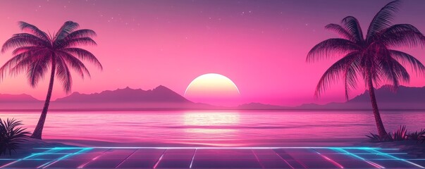 Fototapeta premium Retro sunset beach scene with palm trees and neon lights.