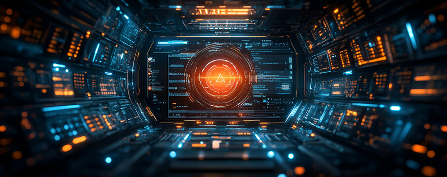 Spaceship bridge, targeting system, futuristic interface, glowing controls, Sci-Fi background