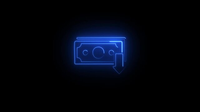   Neon line dollar rate decrease icon. Money symbol with down arrow. Business lost crisis decrease. 