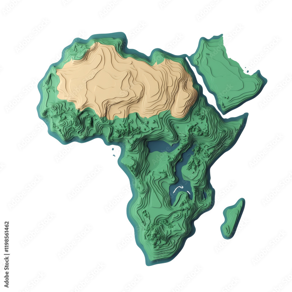 Poster a stylized three dimensional topographic map showcasing the diverse terrain of the african continent