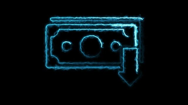   Neon line dollar rate decrease icon. Money symbol with down arrow. Business lost crisis decrease. 