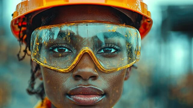 Resilience in the Workplace: A determined female construction worker gazes intently through safety goggles, her focus unwavering.