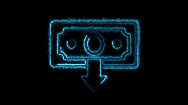   Neon line dollar rate decrease icon. Money symbol with down arrow. Business lost crisis decrease. 