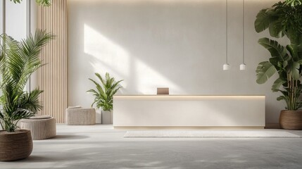 Minimalist reception area with white counter, potted plants, and natural light.