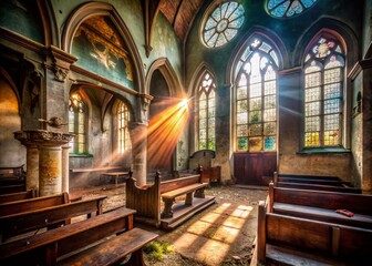 Eerie Abandoned Church Interior: Sunbeams Illuminate Decaying Sanctuary