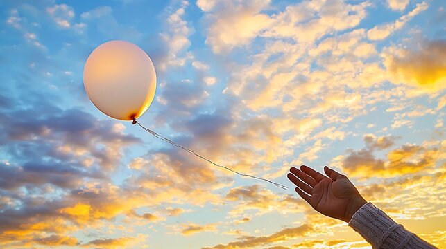 A close-up of a hand releasing a balloon into the sky at sunrise, soft warm light illuminating the scene, pastel clouds in the background, a feeling of letting go and embracing new beginnings