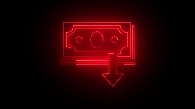   Neon line dollar rate decrease icon. Money symbol with down arrow. Business lost crisis decrease. 