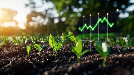 Innovative digital energy display over green plants in field, symbolizing growth and sustainability. image captures essence of modern agriculture and technology integration