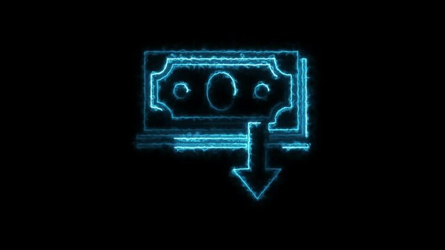   Neon line dollar rate decrease icon. Money symbol with down arrow. Business lost crisis decrease. 