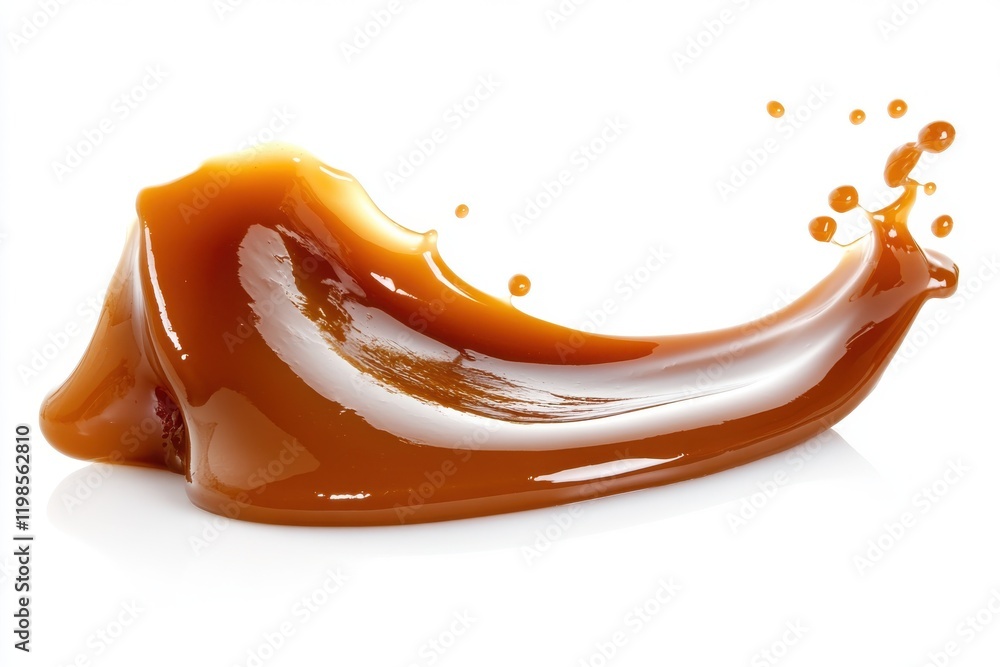 Poster a dynamic wave of caramel in mid-motion with smooth flowing curves and droplets splashing outward