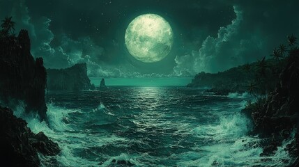 Tropical Island Seascape Underneath A Green Moon