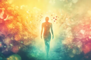Fototapeta premium Silhouette of a person walking towards a vibrant, colorful aura with floating hearts reflecting positivity and love