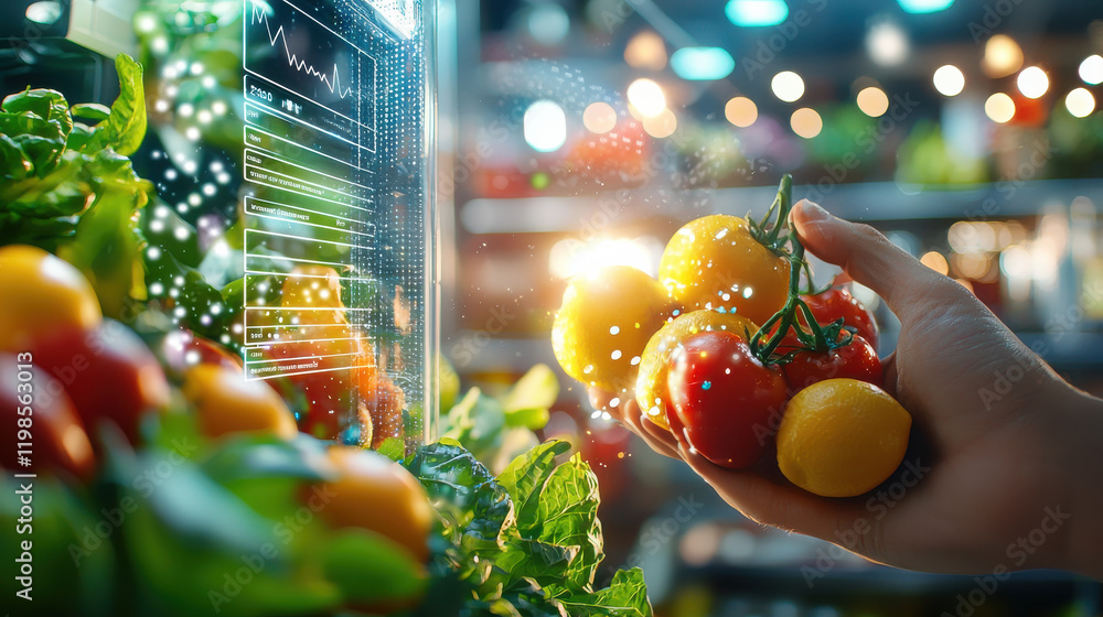 Poster hand holding fresh tomatoes and lemons near smart refrigerator displaying data. scene is vibrant wit