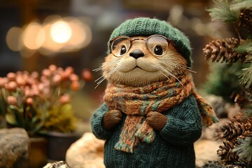 A captivating image of an otter wearing a cozy sweater, hat, and scarf.  The otter's happy expression adds to the charm.