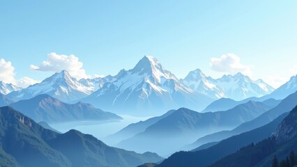 Obraz premium Majestic fog-veiled mountains cradle a serene lake, with snowy peaks piercing through a tranquil sky
