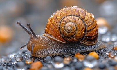 Dew-covered snail crawls on wet stones.