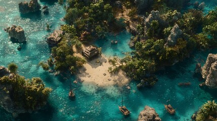 Secluded Tropical Island Cove Boats Ancient Ruins Turquoise Waters Aerial View