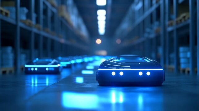 Automated Robots Transporting Goods in Modern Warehouse