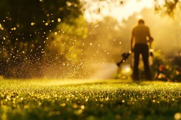 Fototapeta premium A gardener sprays a fine mist of water or pesticide onto a dewy lawn during golden hour The droplets sparkle in the sunlight