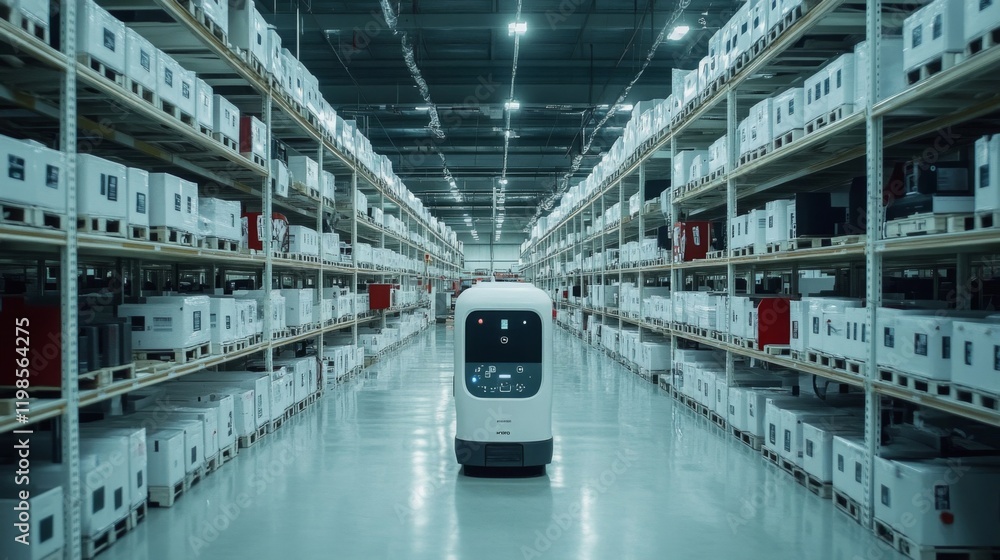 Poster autonomous robot navigating warehouse aisles filled with inventory